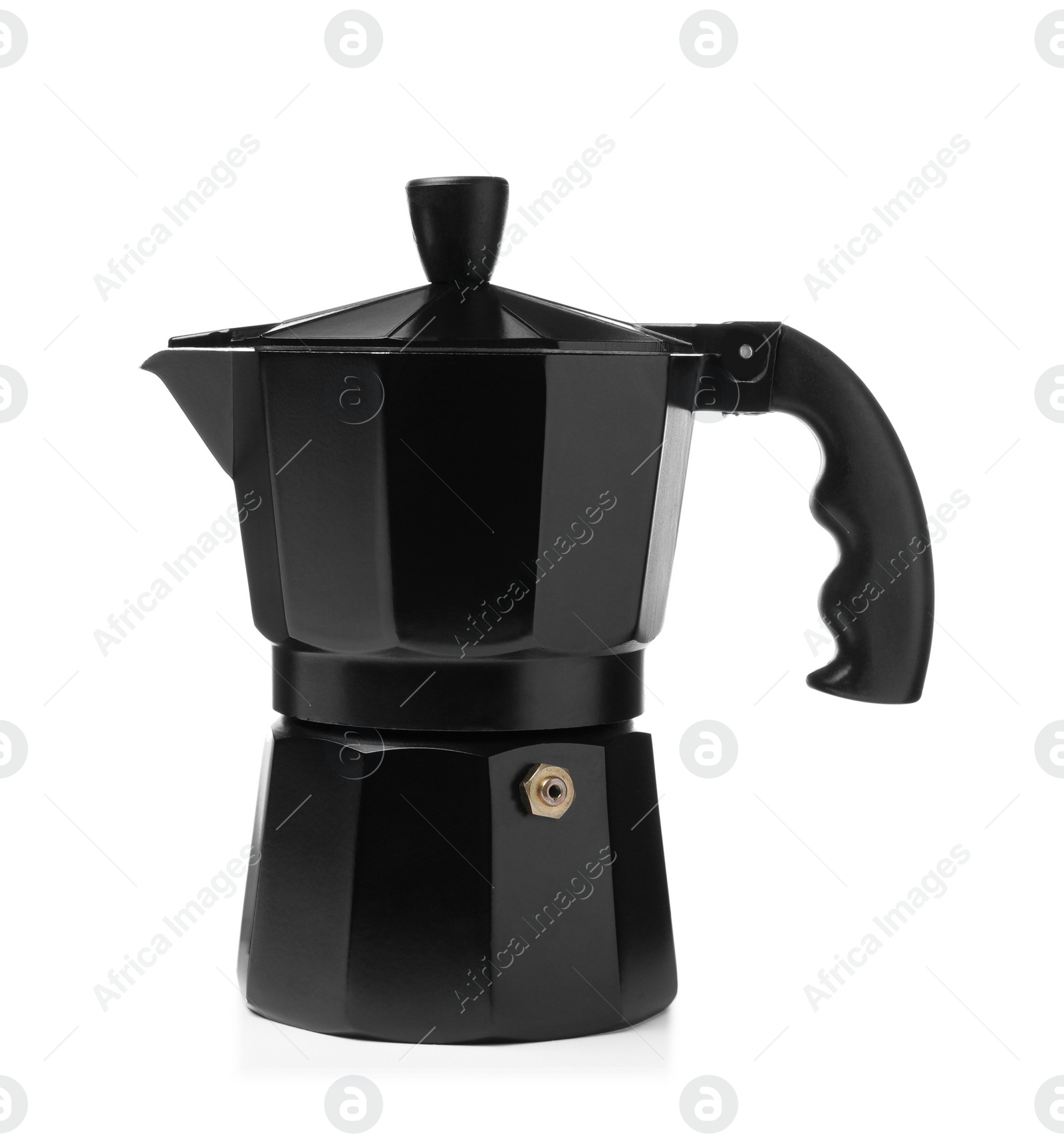 Photo of Modern geyser coffee maker isolated on white. Camping equipment