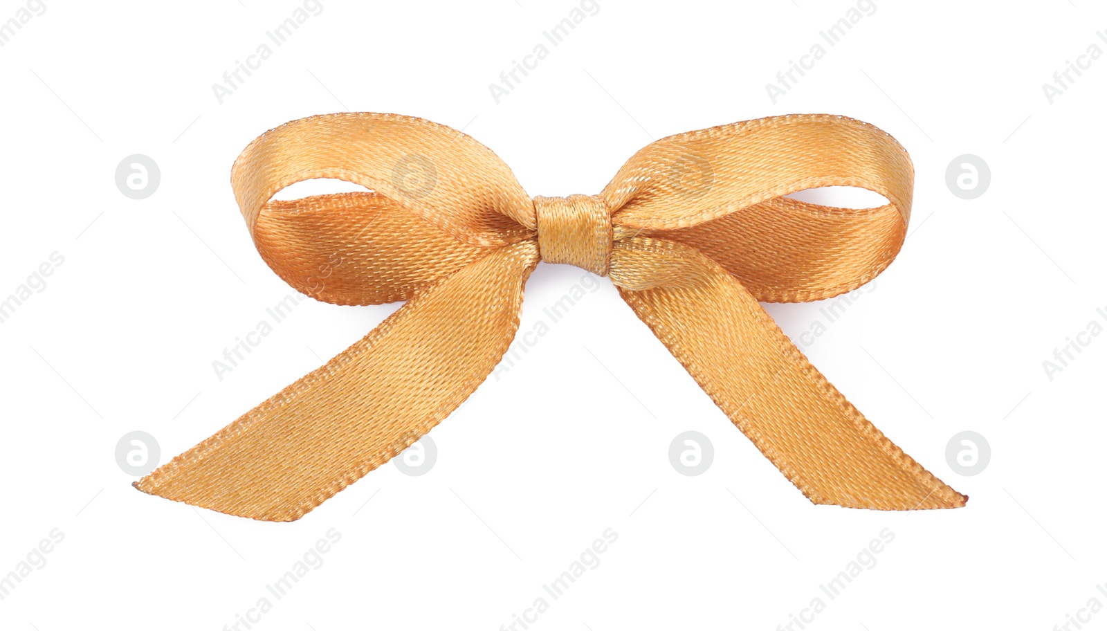 Photo of Beautiful golden ribbon tied in bow isolated on white, top view