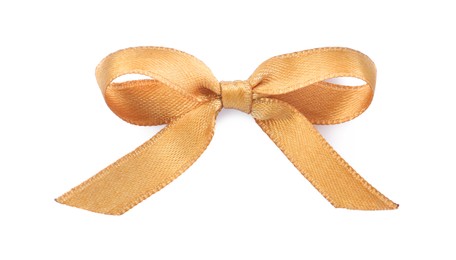 Beautiful golden ribbon tied in bow isolated on white, top view