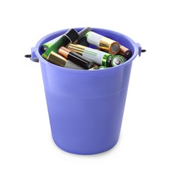 Image of Used batteries in bucket on white background