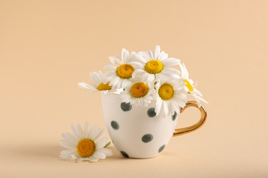 Photo of Beautiful daisies in cup on beige background