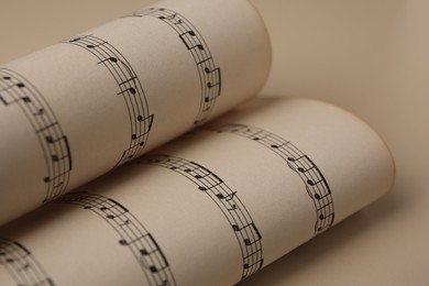 Photo of Rolled sheets with music notes on light background, closeup