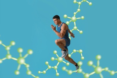 Metabolism concept. Molecular chain illustration and athletic young man running on blue background 