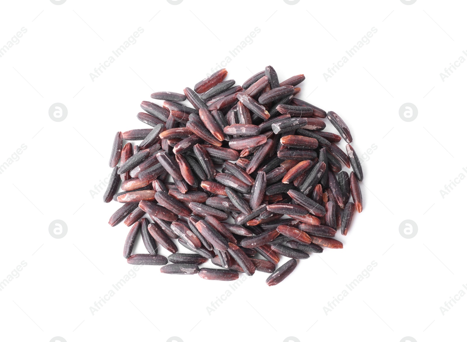 Photo of Uncooked organic brown rice isolated on white