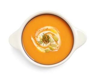 Photo of Tasty creamy pumpkin soup with dill and seeds in bowl on white background, top view