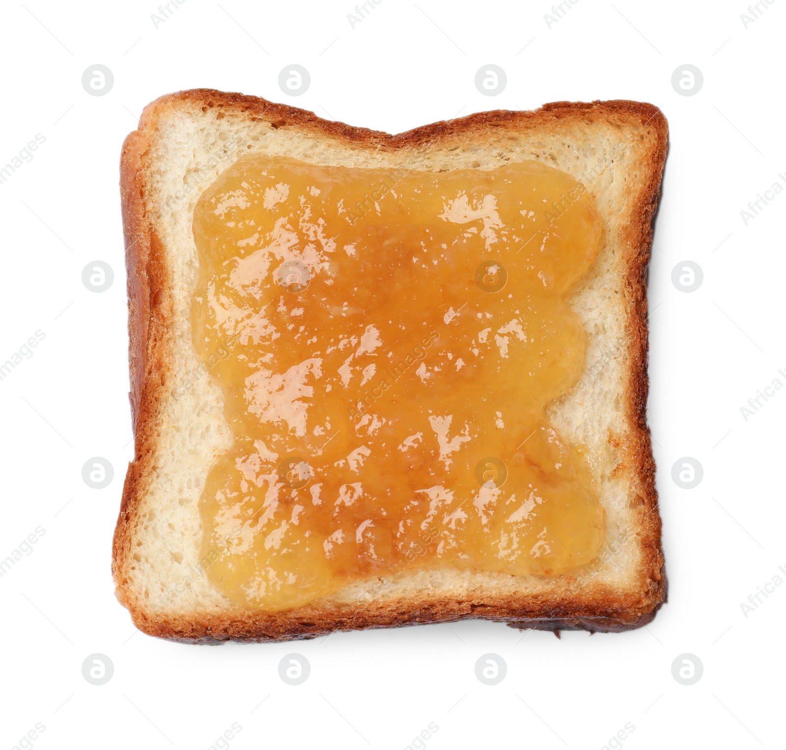 Photo of Piece of fresh toast bread with tasty jam isolated on white, top view