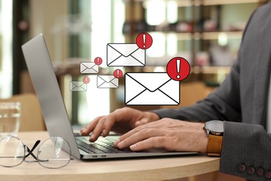 Image of Man using laptop at table, closeup. Spam message notifications above device, illustration