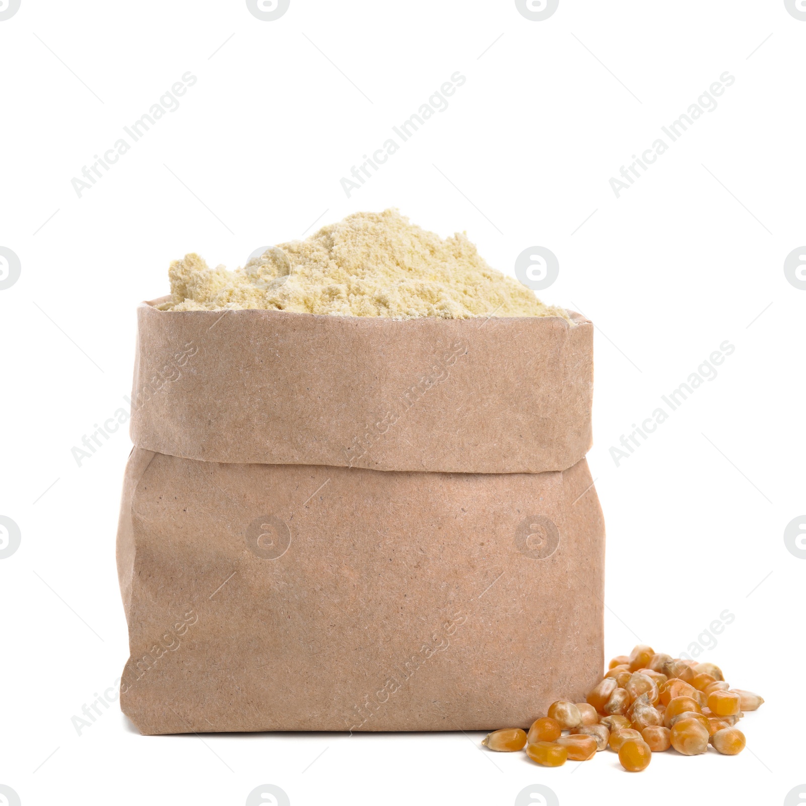 Photo of Paper bag with corn flour and seeds isolated on white