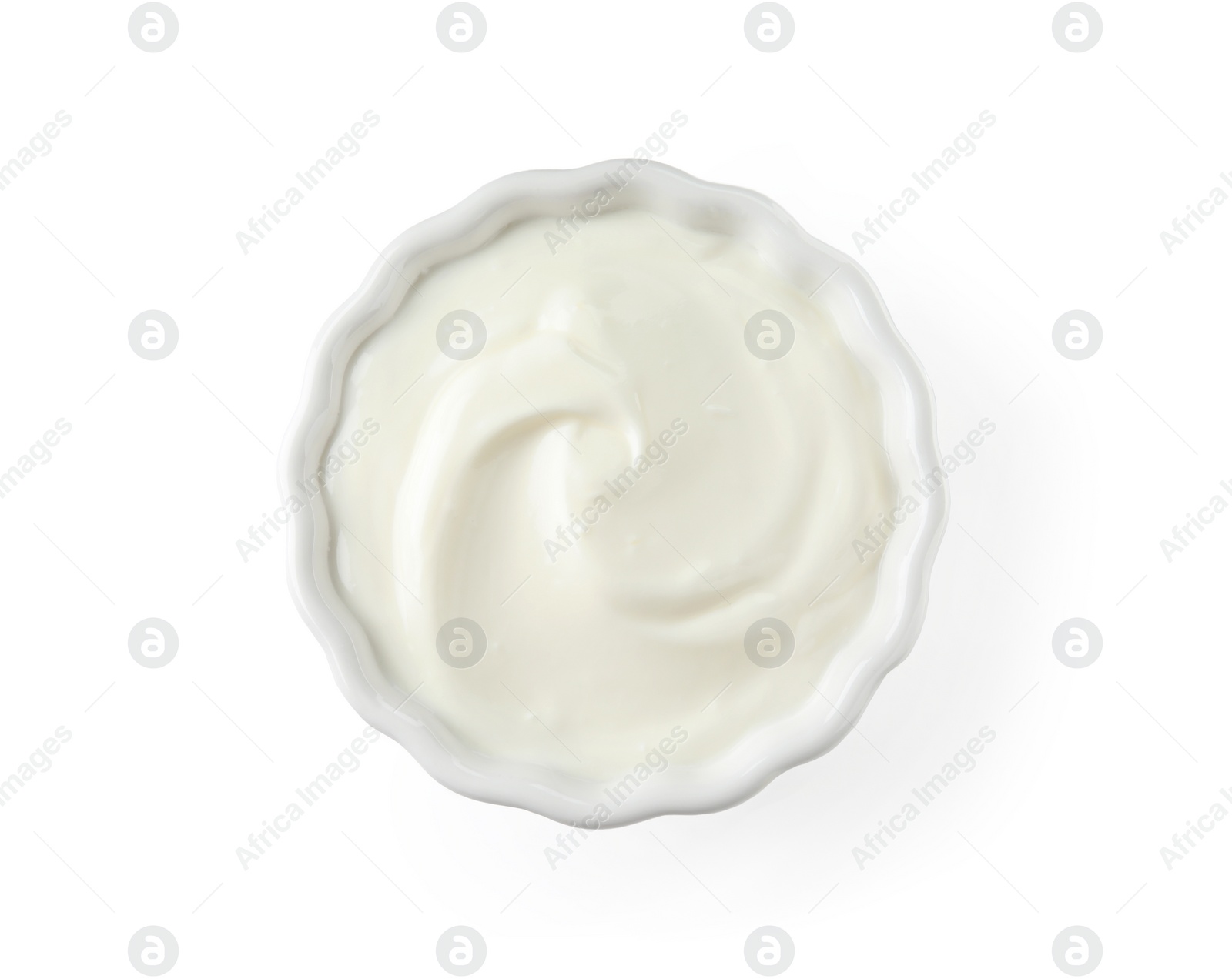 Photo of Bowl with creamy yogurt on white background, top view