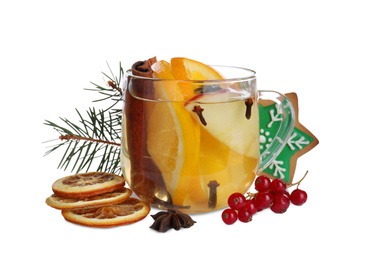 Composition with aromatic mulled wine on white background