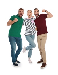 Photo of Young people celebrating victory on white background