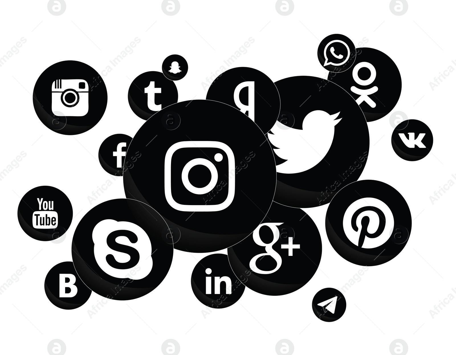 Illustration of MYKOLAIV, UKRAINE - APRIL 5, 2020: Collection of different social media apps icons, black and white