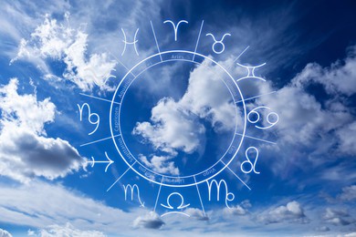 Image of Zodiac wheel and beautiful view on blue sky with clouds