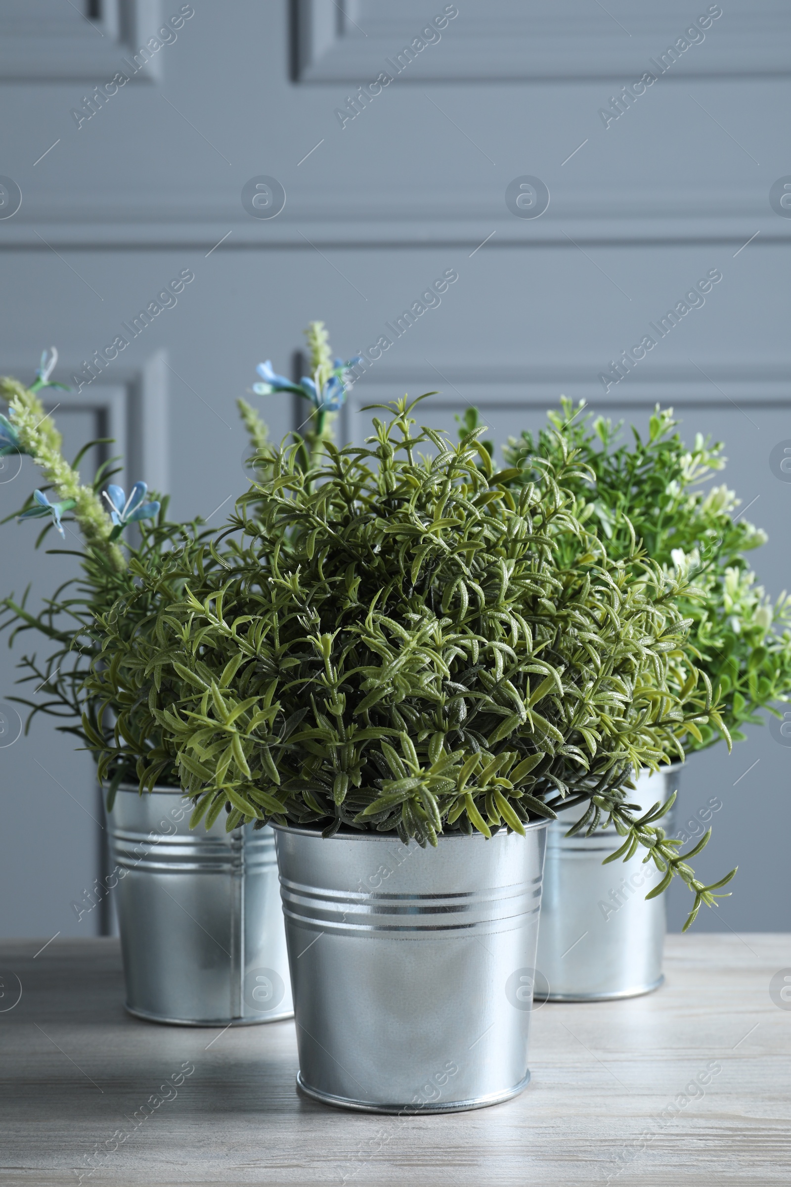 Photo of Different aromatic potted herbs on white wooden table