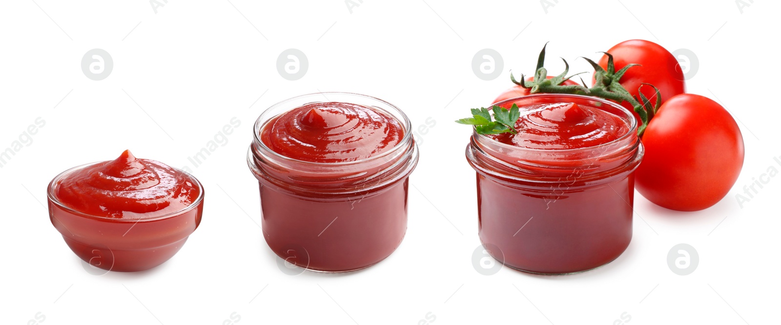 Image of Tasty ketchup and fresh tomatoes isolated on white, collage. Red sauce