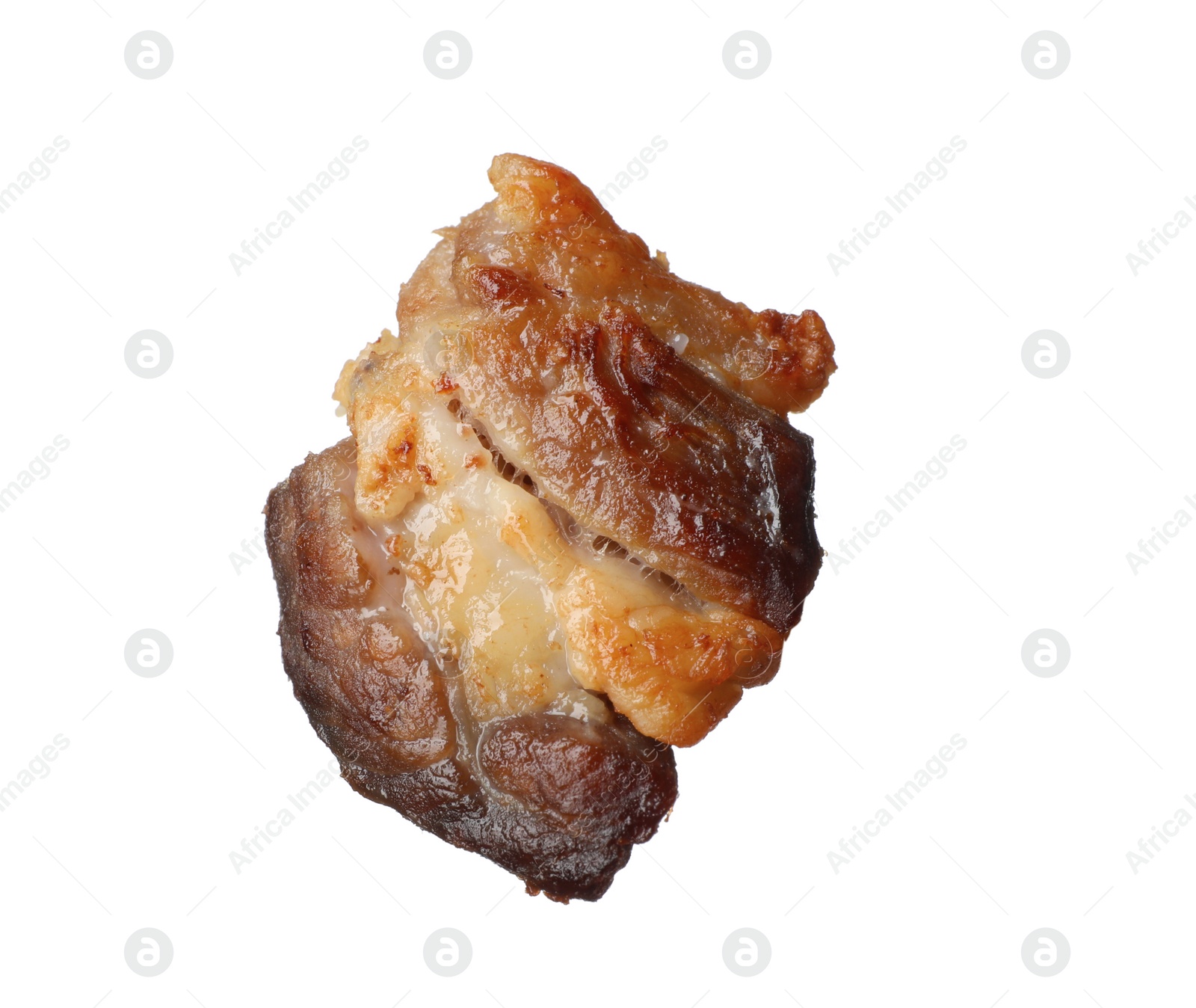 Photo of Tasty fried crackling isolated on white. Cooked pork lard