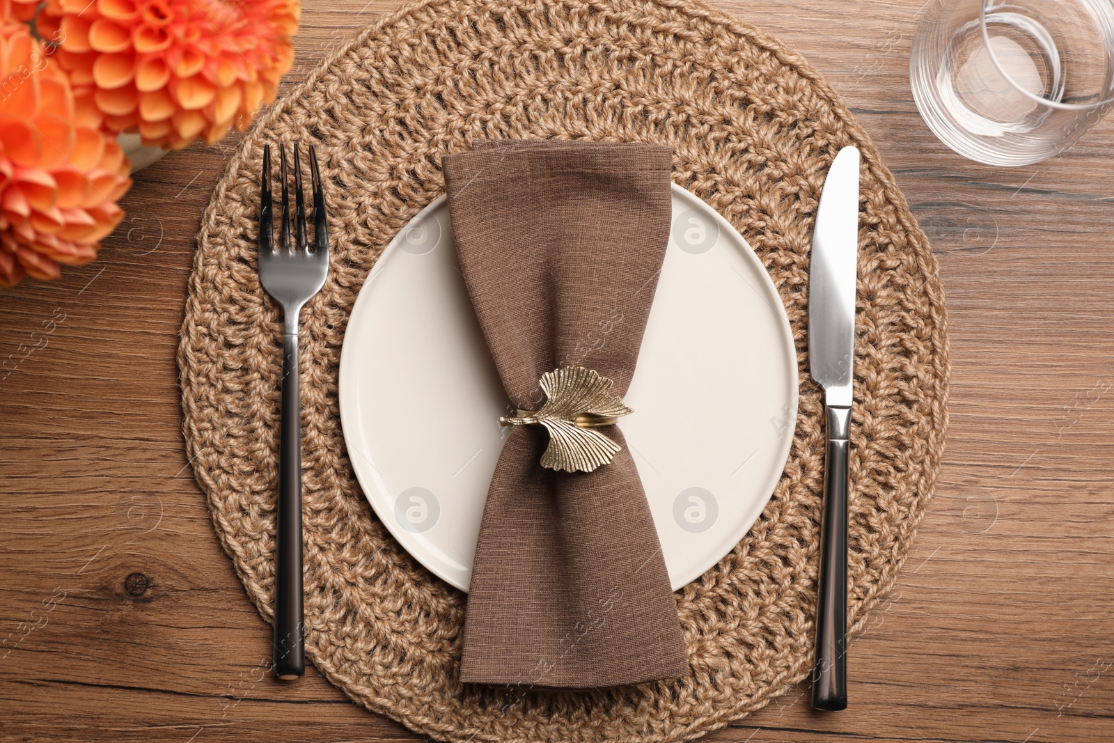 Photo of Stylish elegant table setting on wooden background, flat lay