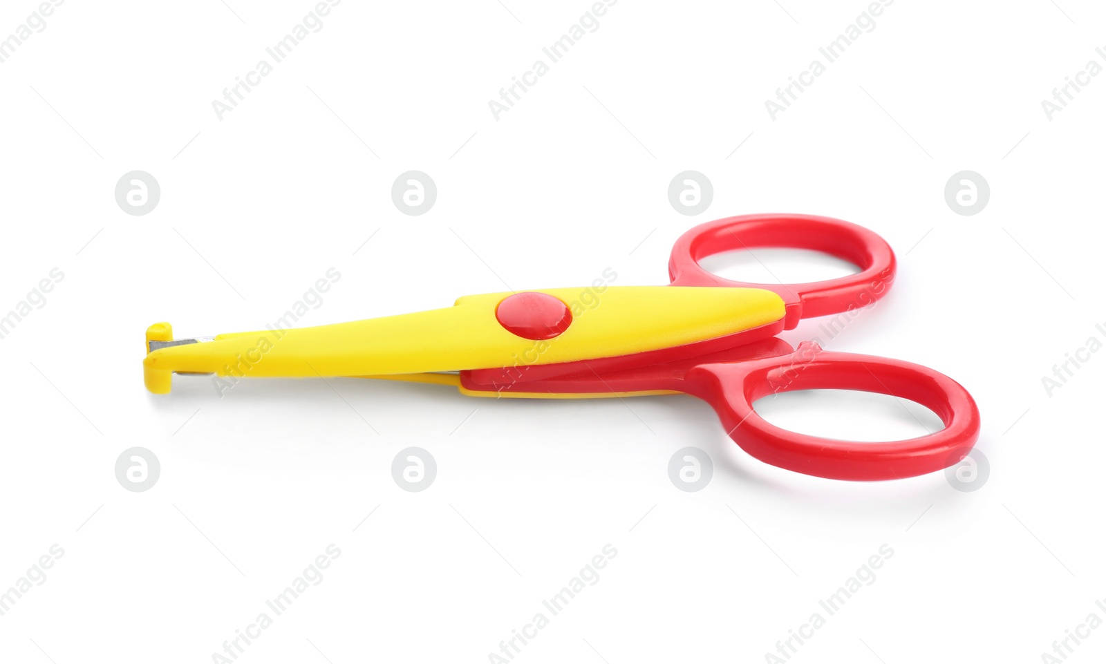 Photo of Pair of plastic scissors on white background