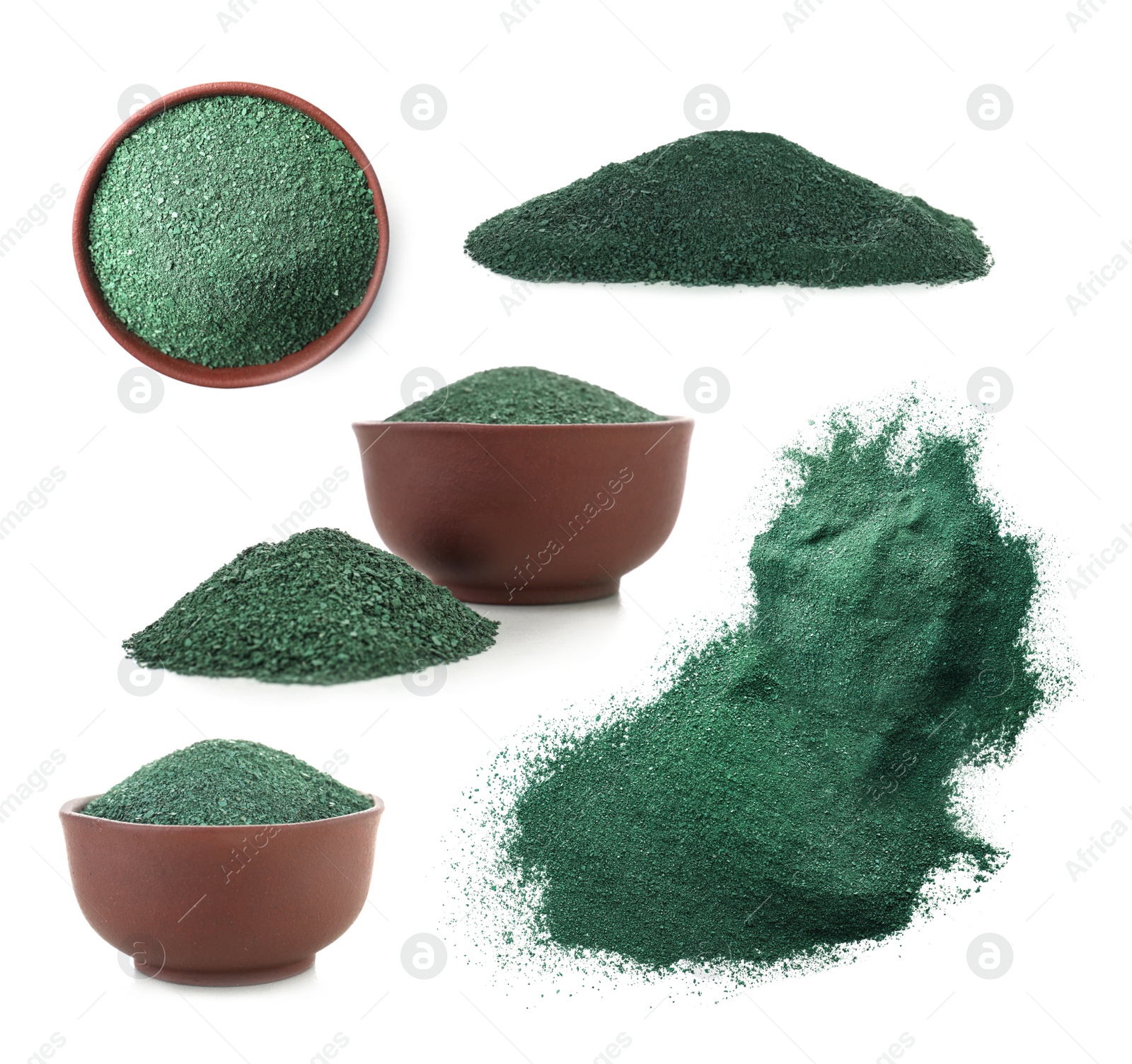 Image of Set of spirulina algae powder on white background