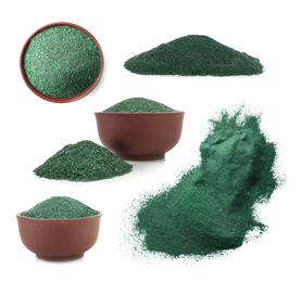 Set of spirulina algae powder on white background