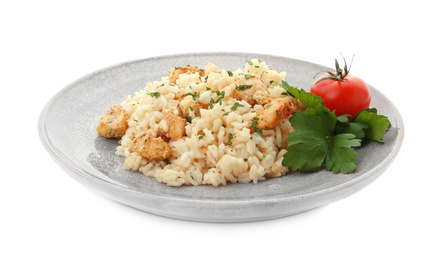 Photo of Delicious risotto with chicken isolated on white