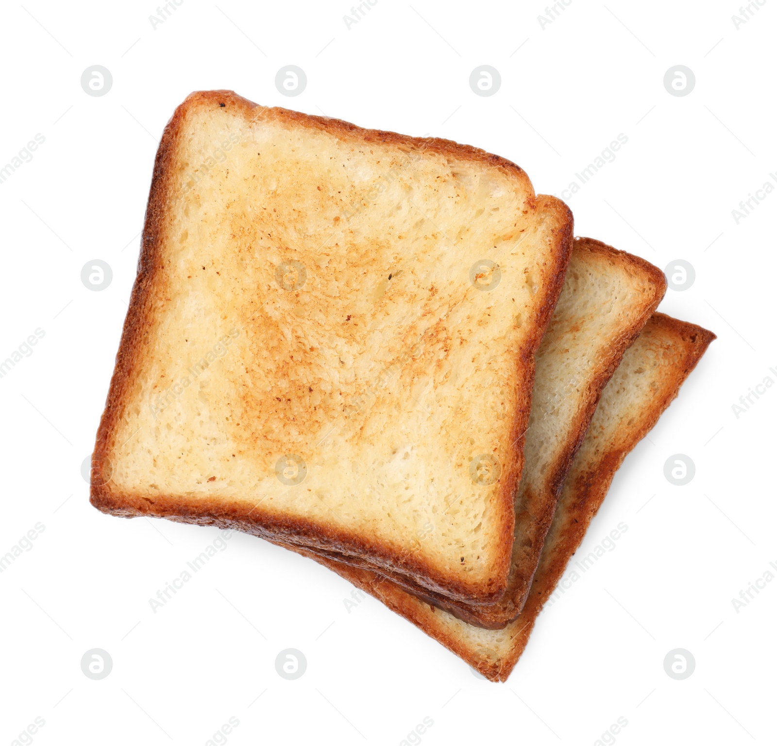 Photo of Pieces of fresh toast bread isolated on white, top view