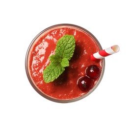 Glass of tasty redcurrant smoothie isolated on white, top view