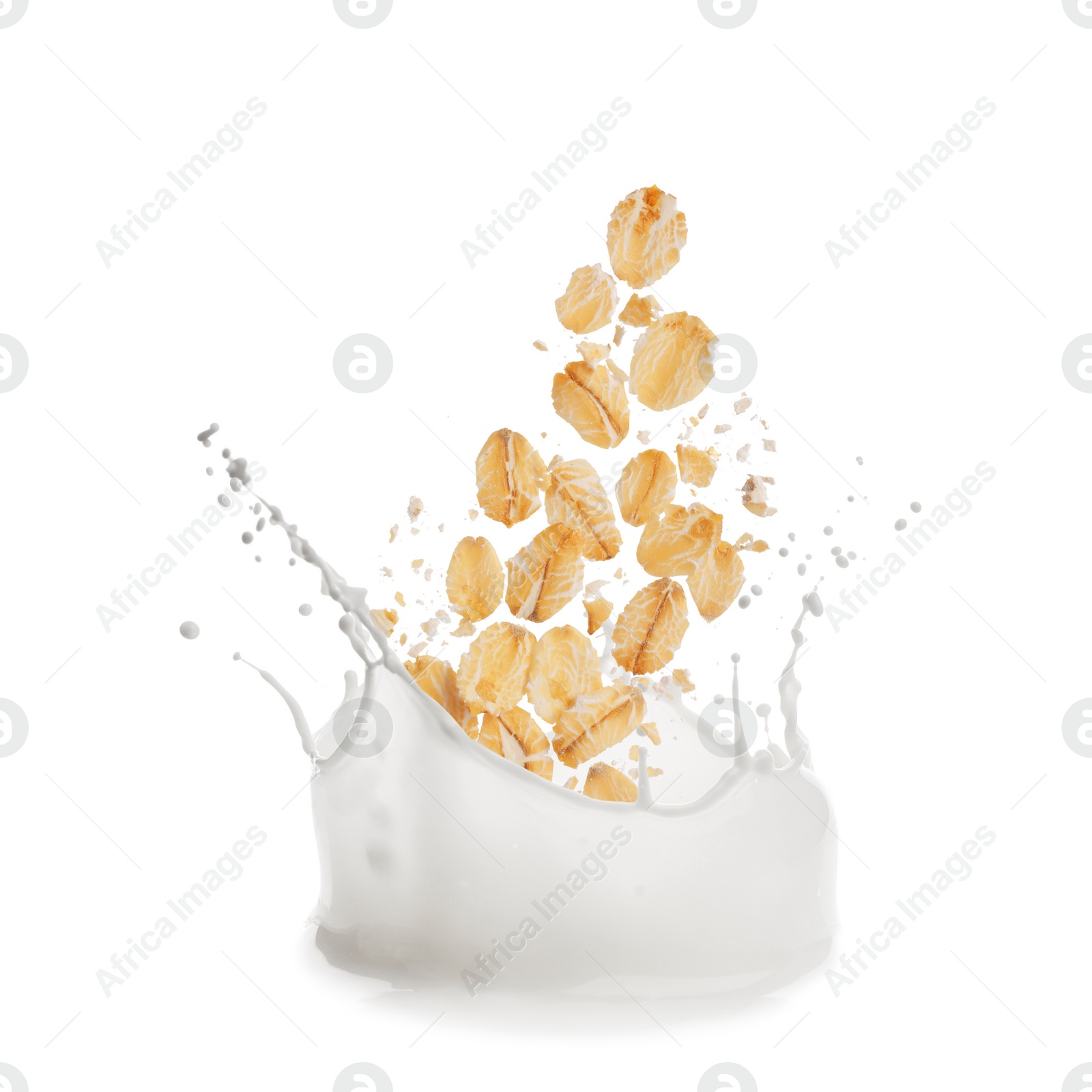 Image of Rolled oats falling into splashing milk on white background