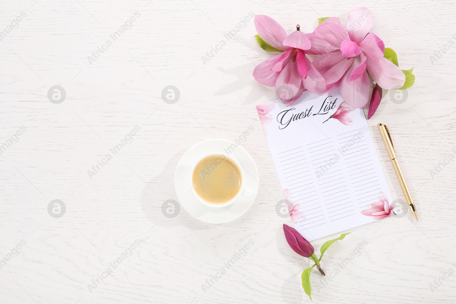 Photo of Guest list, coffee, pen and beautiful flowers on white wooden table, flat lay. Space for text