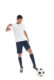 Photo of Teenage African-American boy playing football on white background