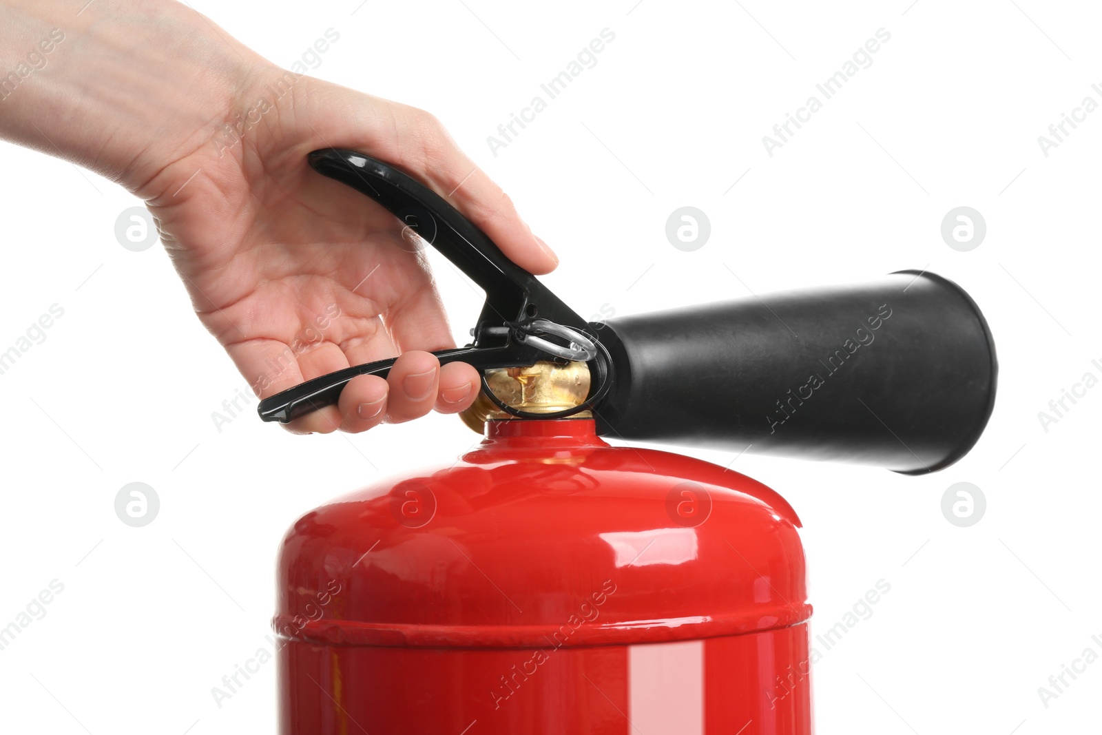 Photo of Woman using fire extinguisher on white background, closeup