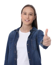 Photo of Teenage girl showing thumb up on white background