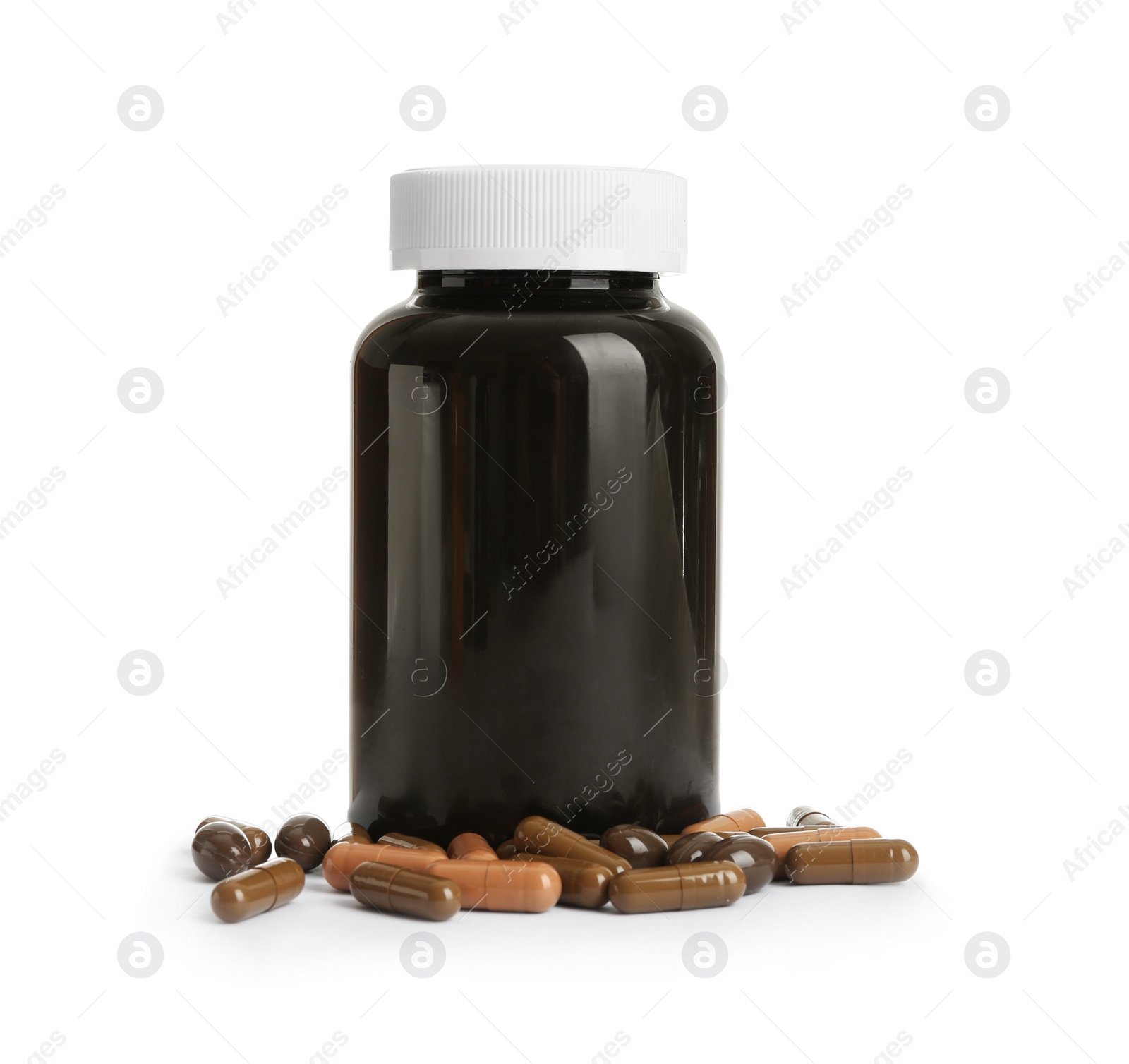 Photo of Bottle with vitamin capsules on white background