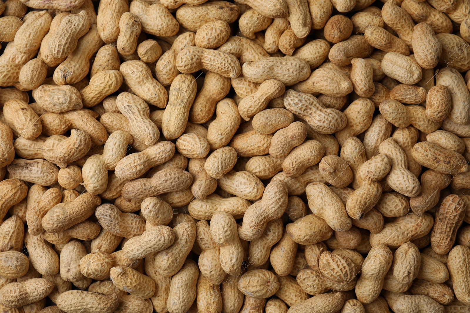 Photo of Many fresh unpeeled peanuts as background, top view