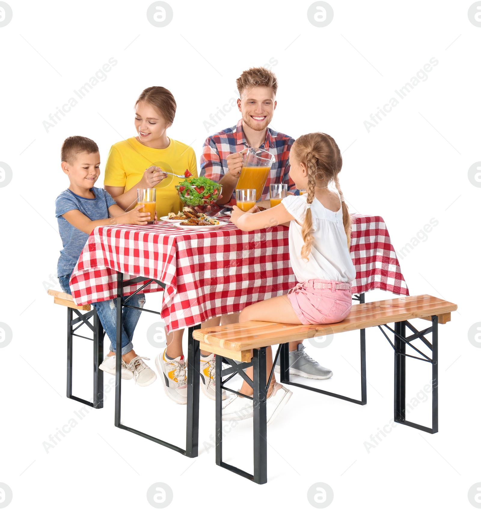 Photo of Happy family having picnic at table on white background