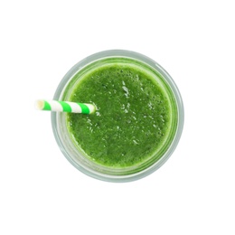 Photo of Green juice and straw in glass isolated on white, top view