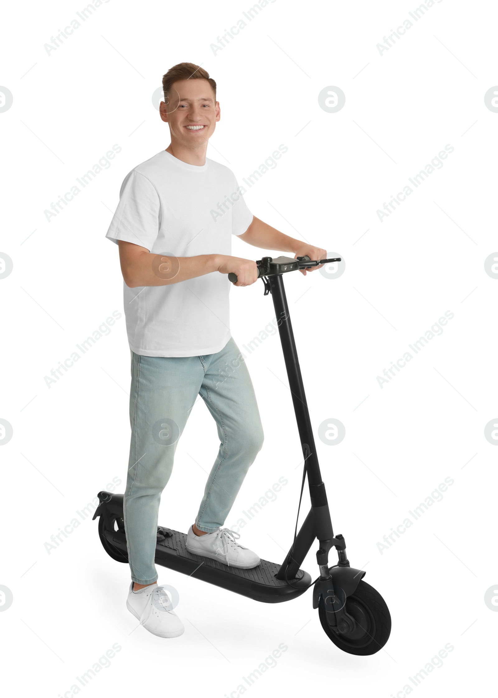 Photo of Happy man with modern electric kick scooter on white background