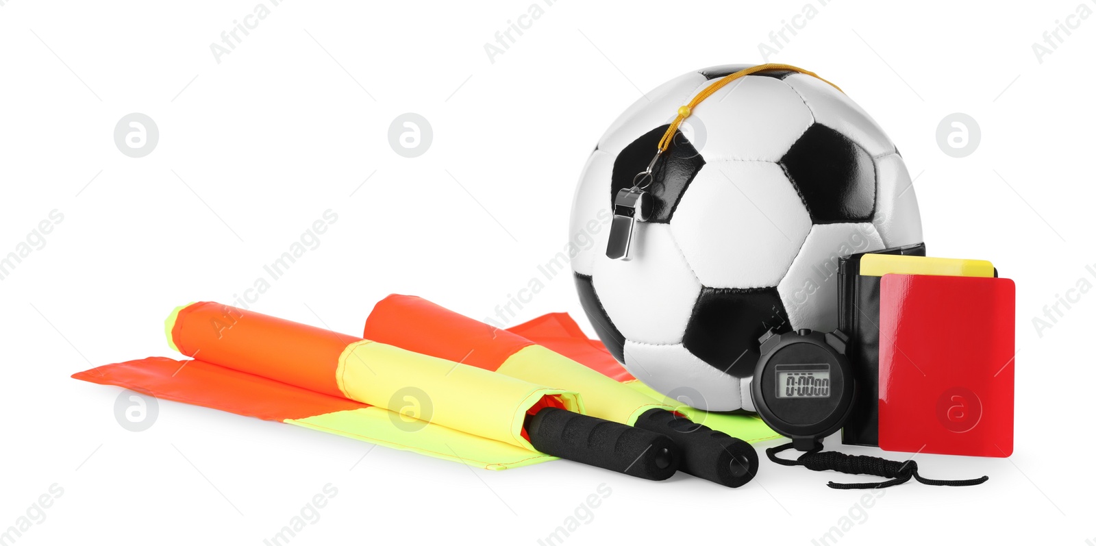 Photo of Football referee equipment. Soccer ball, flags, stopwatch, cards and whistle isolated on white