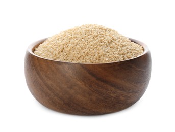 Photo of Wooden bowl with sesame seeds on white background
