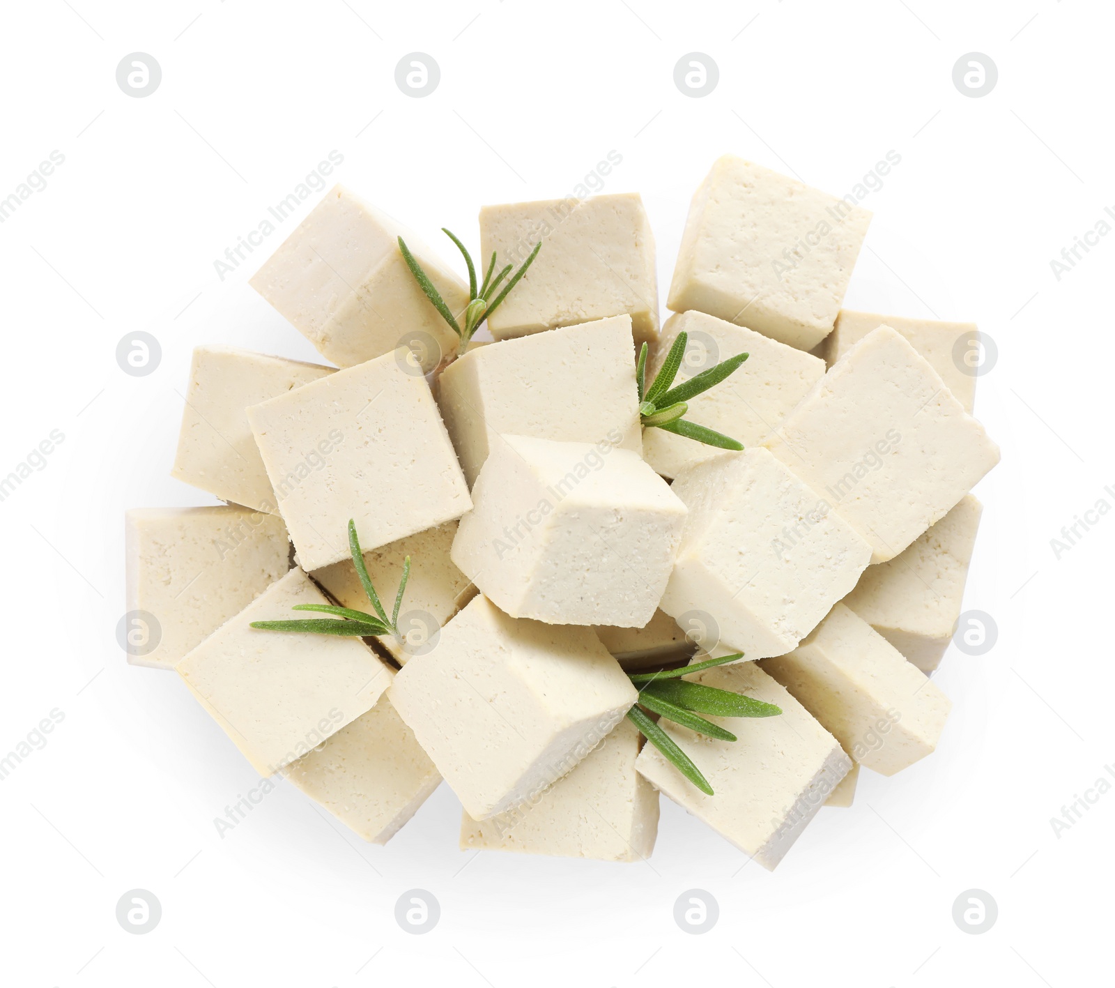 Photo of Delicious tofu and rosemary on white background, top view