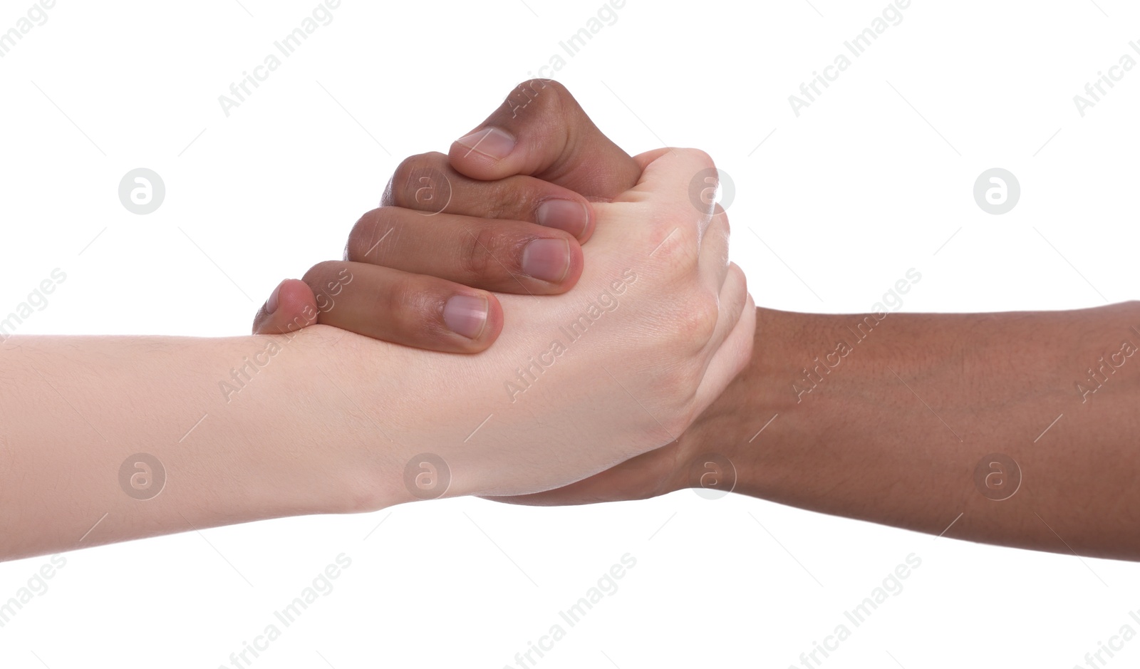 Photo of International relationships. People clasping hands on white background, closeup