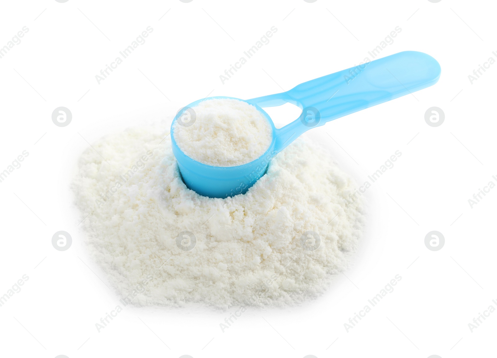 Photo of Powdered infant formula and scoop on white background. Baby milk