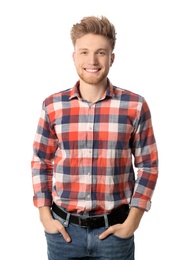 Portrait of handsome man posing on white background