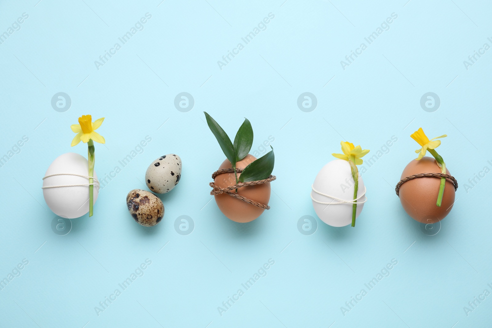 Photo of Easter eggs decorated with green leaves and flowers on light blue background, flat lay