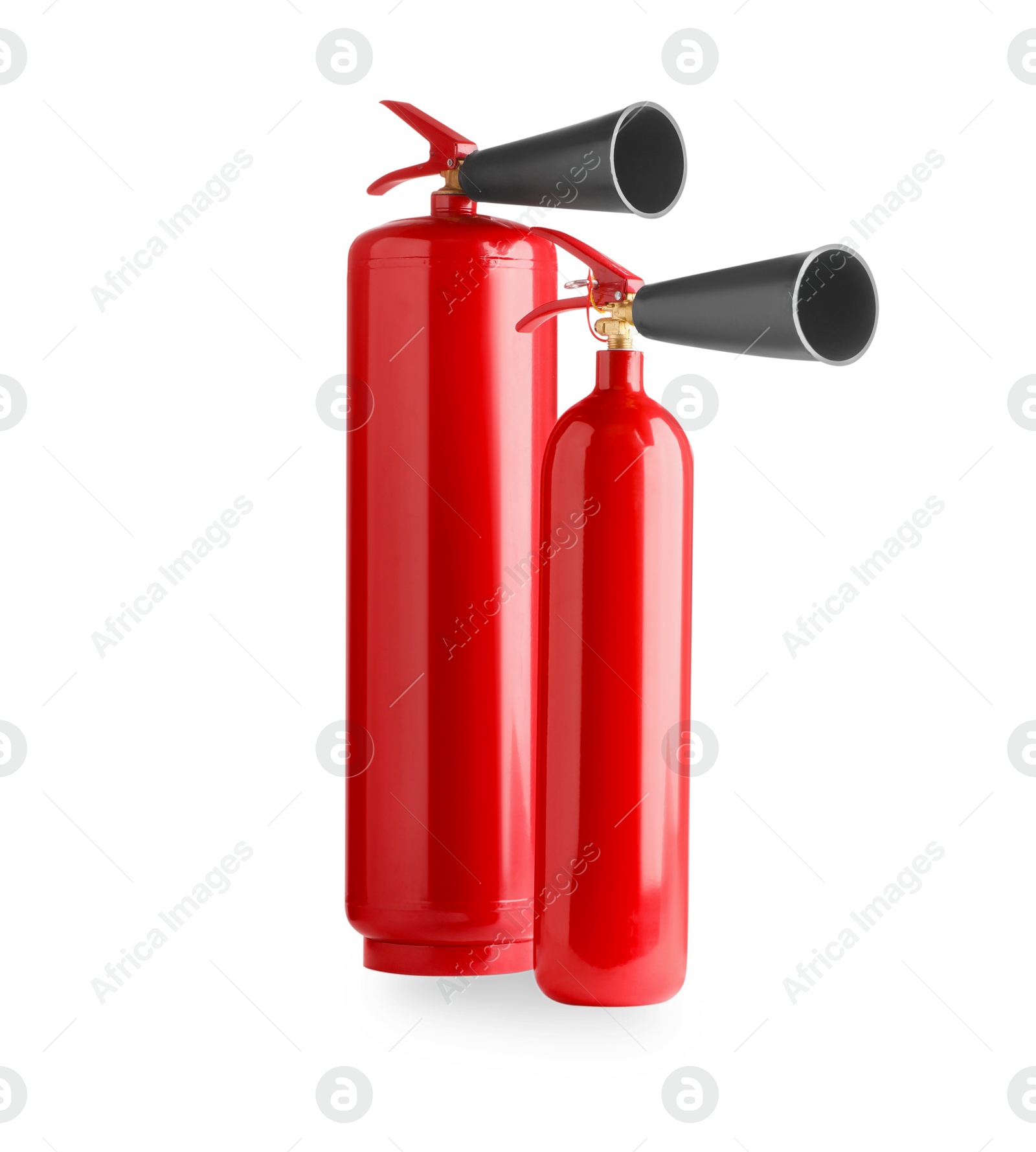 Photo of Two red fire extinguishers on white background