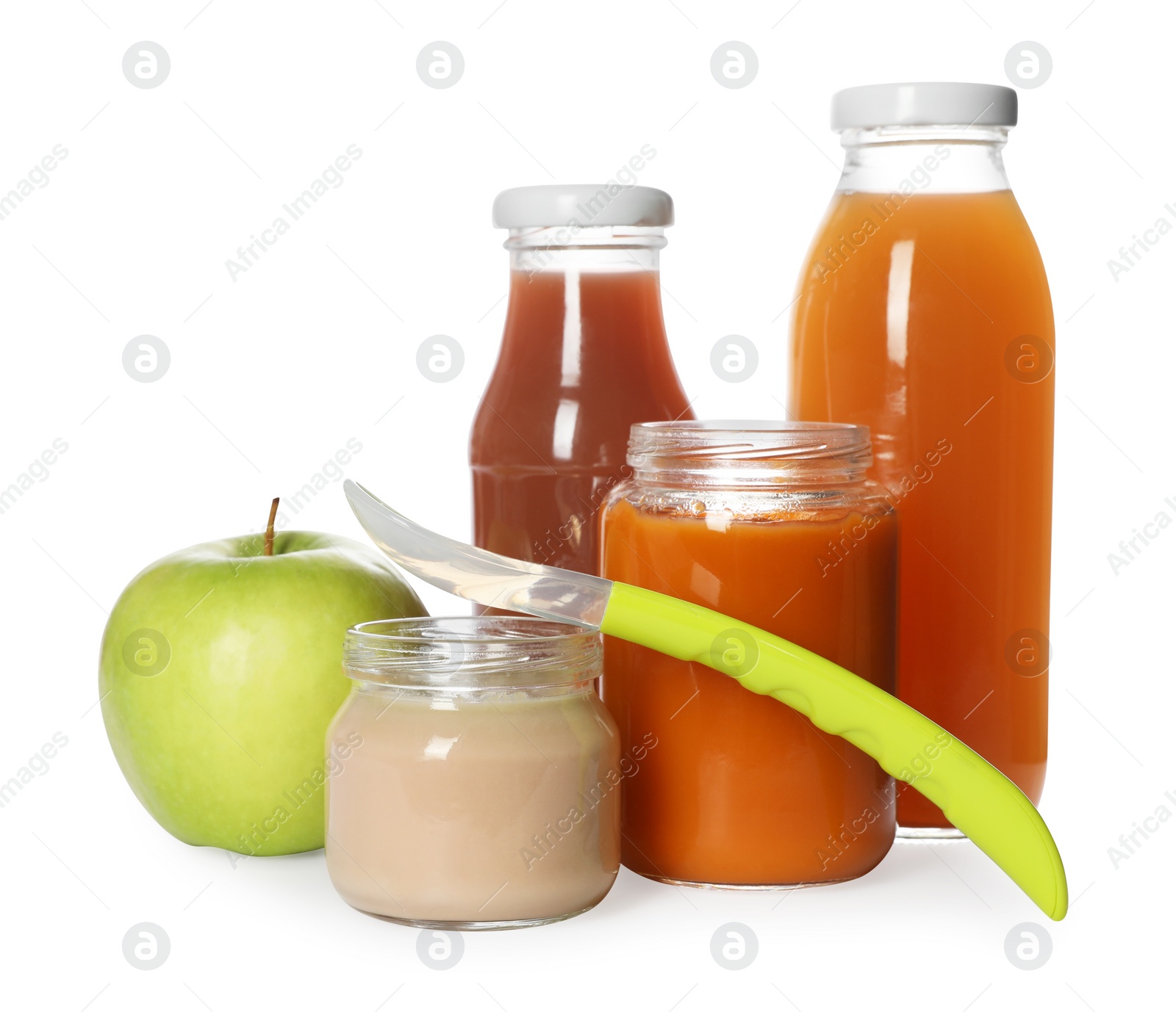 Photo of Healthy baby food, juice and apple isolated on white