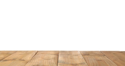 Empty wooden surface against white background. Mockup for design