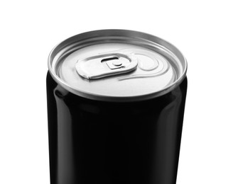 Photo of Black can of energy drink isolated on white, closeup