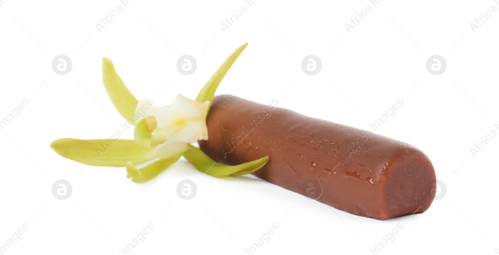 Photo of Glazed curd cheese bar and vanilla flower isolated on white