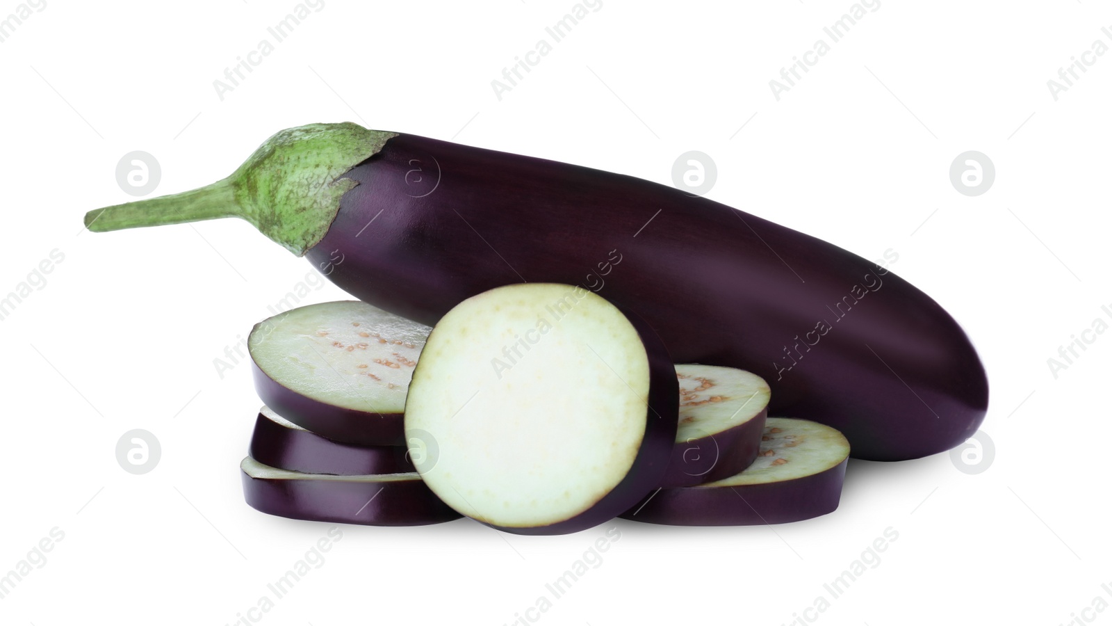 Photo of Cut and whole fresh ripe eggplants on white background